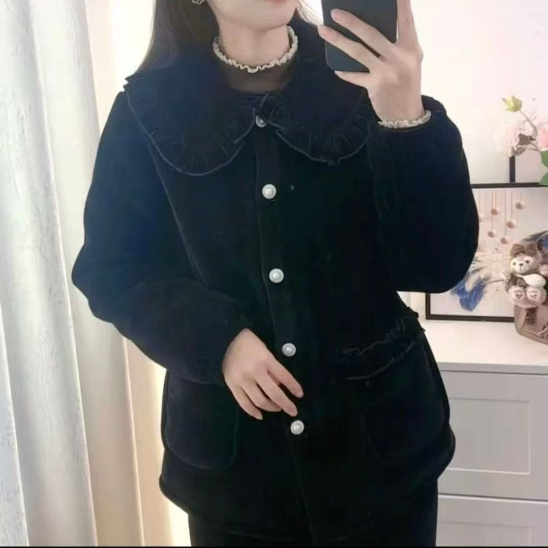 新款加绒加厚香风咖色娃娃领外出家居服棉衣冬季可外保暖睡衣外套