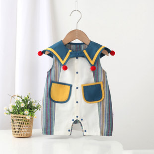 小月龄多巴胺穿搭无袖哈衣夏天薄款婴儿衣服男宝夏季痞帅风连体衣