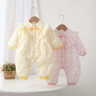 秋季婴幼儿衣服夹棉女宝薄棉哈衣宝宝连体衣秋冬加棉保暖外穿棉衣