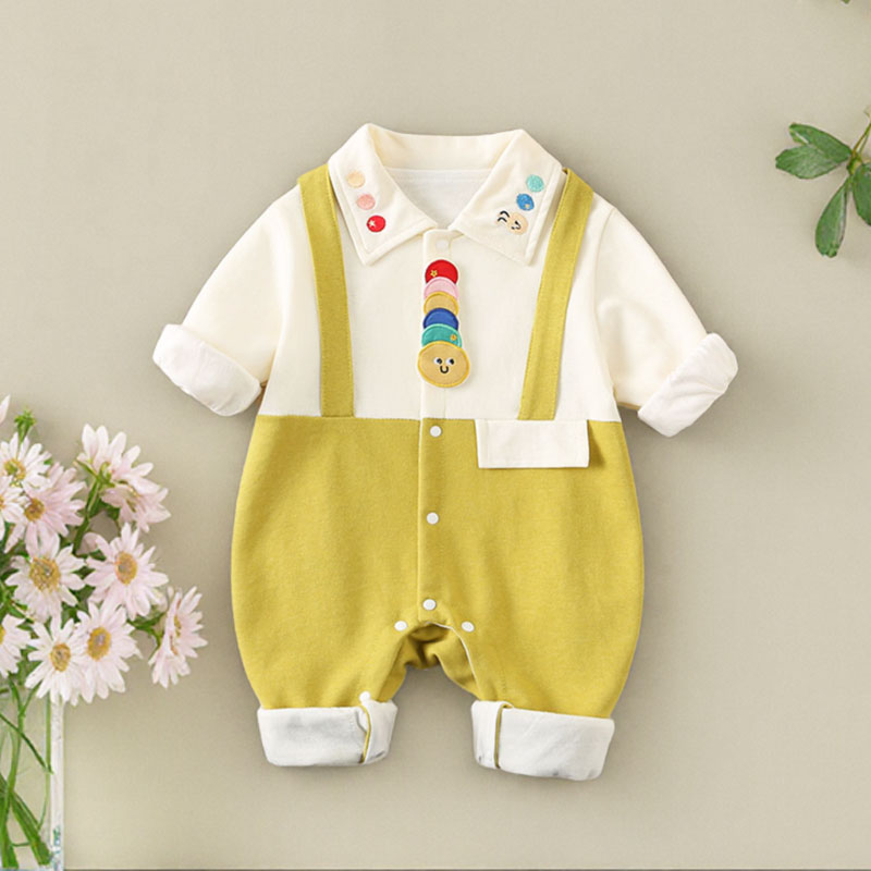 婴儿连体衣春装外出可爱超萌假两件2025百天宝宝衣服男春秋爬爬服