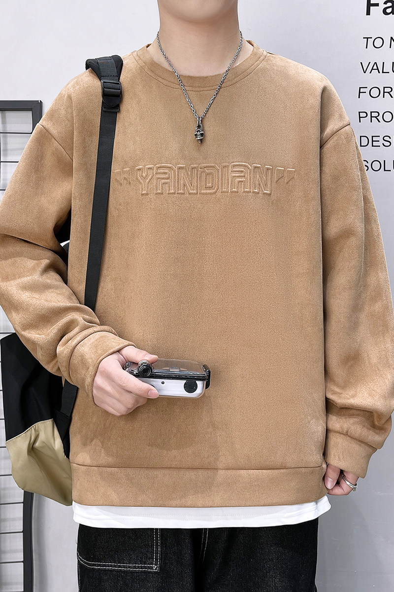 W323/p38日系复古麂皮绒圆领卫衣2024春季男宽松假两件套头T恤衫,男装卫衣,星座223-3（原星座201-3）