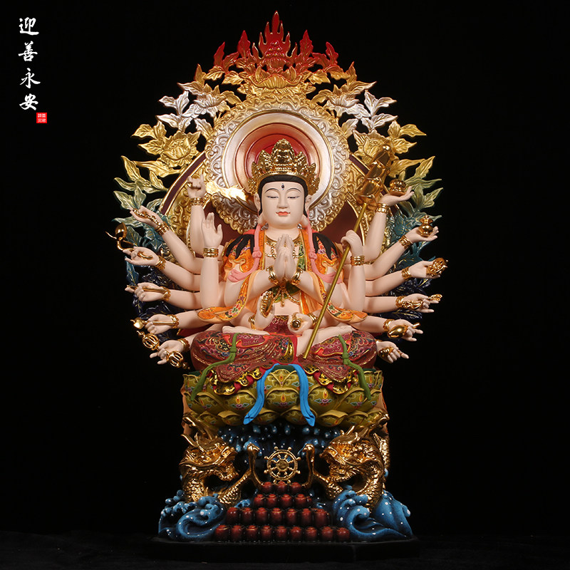 木雕双龙准提菩萨彩绘樟木佛像家居寺庙摆放摆件七俱胝佛母工艺品