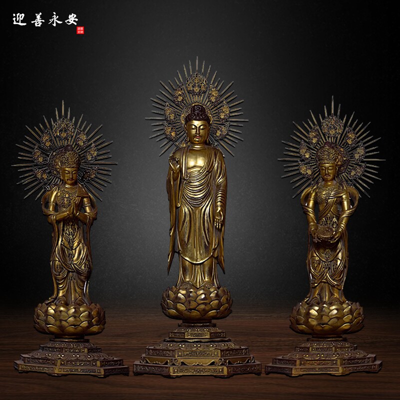 工艺木雕日本式唐式西方三圣佛像造像禅意大势至菩萨佛堂家居摆件