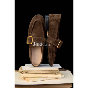 IORE理想矿石设计师原创 廓形与舒适感 牛反绒金属扣平底乐福鞋