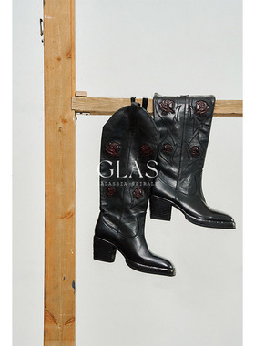 GLAS设计师原创 坚韧与热烈 升阶版赤诚浪漫玫瑰花防水台及膝靴