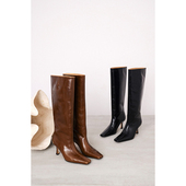 IORE设计师原创冬季 新款 利落凌厉皱牛油皮酒杯跟细跟高跟及膝长靴