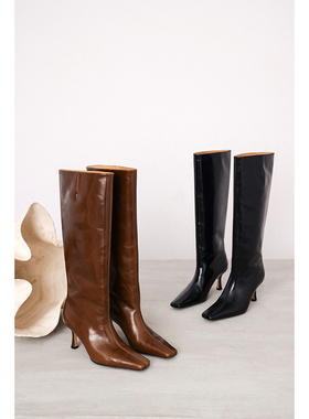 IORE设计师原创冬季新款利落凌厉皱牛油皮酒杯跟细跟高跟及膝长靴