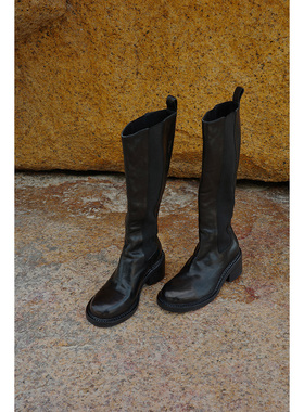 GLAS设计师原创秋季新款 升阶版水洗马皮粗高跟双侧橡筋及膝靴