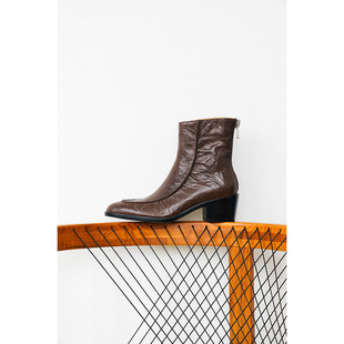 IORE理想矿石设计师原创 利落有致抓皱牛皮后拉链粗跟中跟短靴