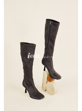 IORE理想矿石设计师原创 利落棕色弹力小羊皮细跟高跟及膝靴长靴