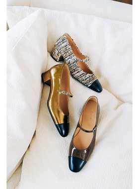 IORE理想矿石设计师原创 经典一字带镜面牛皮中跟包头玛丽珍单鞋