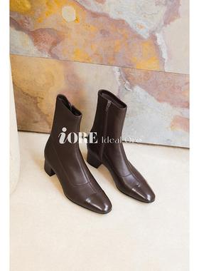 IORE理想矿石设计师原创 法式优雅气质弹力羊皮粗跟短靴