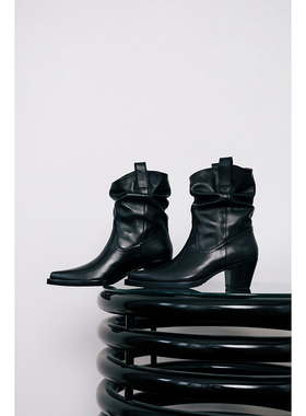 IORE理想矿石设计师原创 灵活不规则堆皱牛皮高跟西部短靴