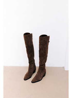 IORE设计师原创 极简两穿显腿长显高过膝尖圆头中跟粗跟扣带长靴