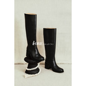 IORE理想矿石设计原创 优雅与力量 极简小牛皮圆头低跟及膝靴长靴