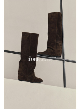 IORE理想矿石设计师原创 轮廓结构感褶皱圆头坡跟及膝裤腿靴长靴