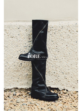 IORE理想矿石设计师原创 空间折片 非对称偏轴斜拉链牛皮中筒靴