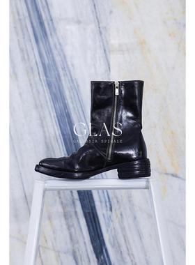 GLAS设计师原创 腰铁贯穿鞋底 工匠系列水洗马皮侧拉链平底短靴