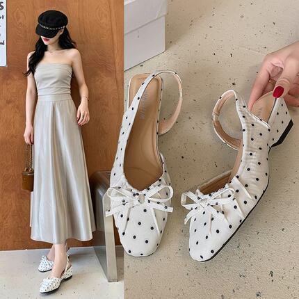 波点蝴蝶结玛丽珍凉鞋女夏外穿后绊带软底低跟百搭仙女风平底单鞋