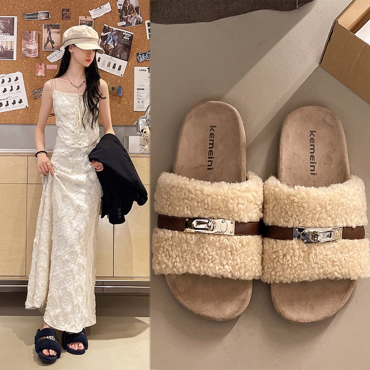 复古皮带扣毛毛拖鞋女春秋外穿泰迪毛绒一字拖厚底增高博肯棉拖鞋