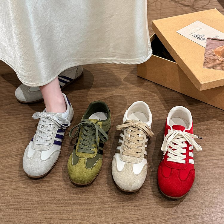 软底德训鞋女春秋三条杠复古拼色磨砂透气平底通勤轻便休闲阿甘鞋