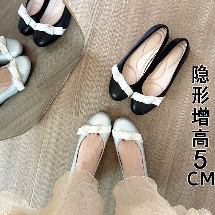 绸缎光泽蝴蝶结芭蕾浅口单鞋女秋软底平底鞋百搭软皮不磨脚奶奶鞋