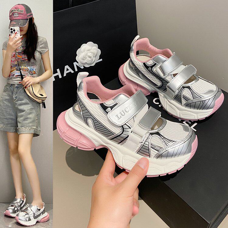 魔术贴运动凉鞋女2026夏季新款休闲运动鞋镂空透气厚底增高老爹鞋