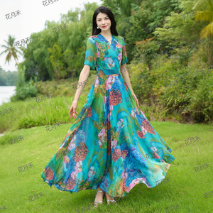 2026年新款春夏气质印花连衣裙显瘦长裙雪纺大摆裙度假沙滩裙子