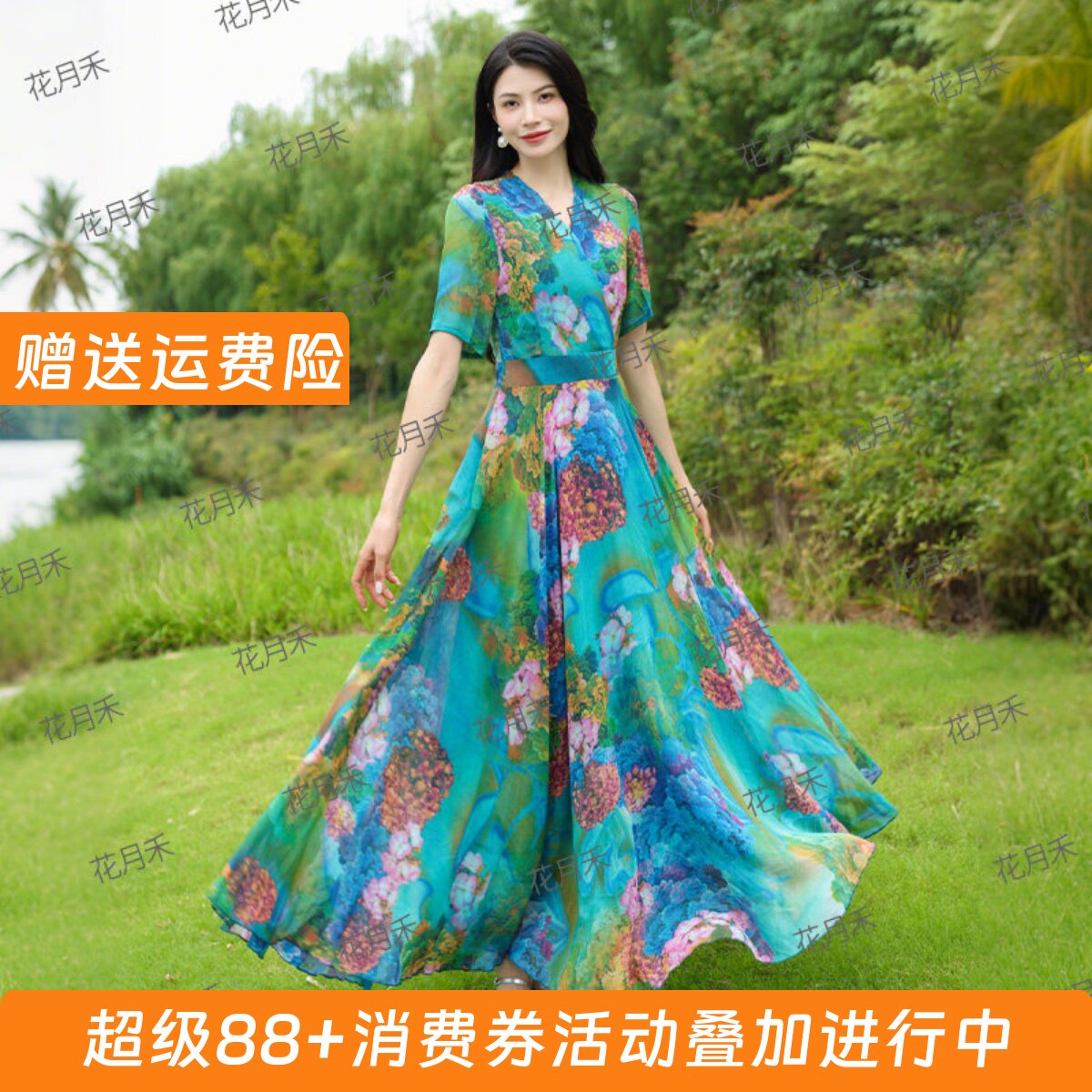 2026年新款春夏气质印花连衣裙显瘦长裙雪纺大摆裙度假沙滩裙子