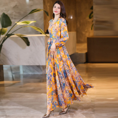 2025年春秋冬新款优雅女士长袖印花连衣裙显瘦长裙雪纺裙子沙滩裙