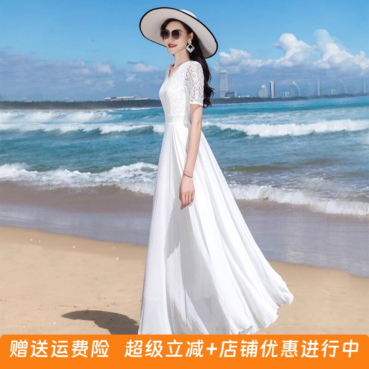 沙滩裙2026年春夏新款蕾丝大摆连衣裙显瘦旅游度假长裙雪纺裙子