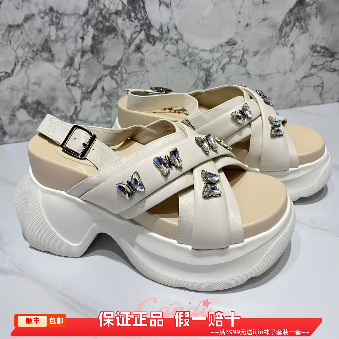 香港代购iijin艾今正品超轻蝴蝶水钻增高10cm厚底松糕休闲凉鞋女