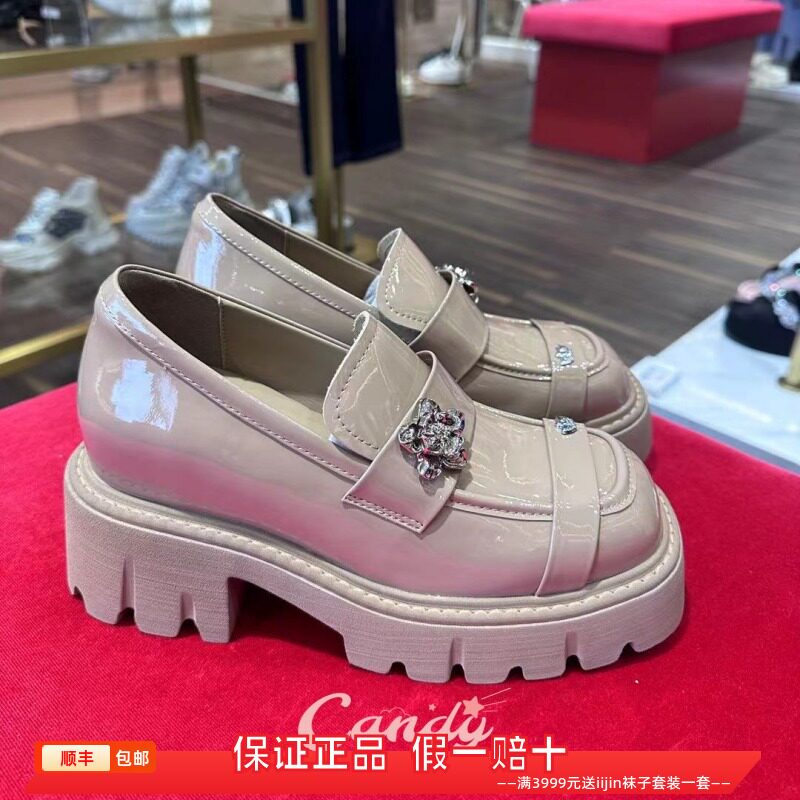 香港代购iijin艾今正品漆皮金属花内增高8cm厚底方头乐福鞋小皮鞋