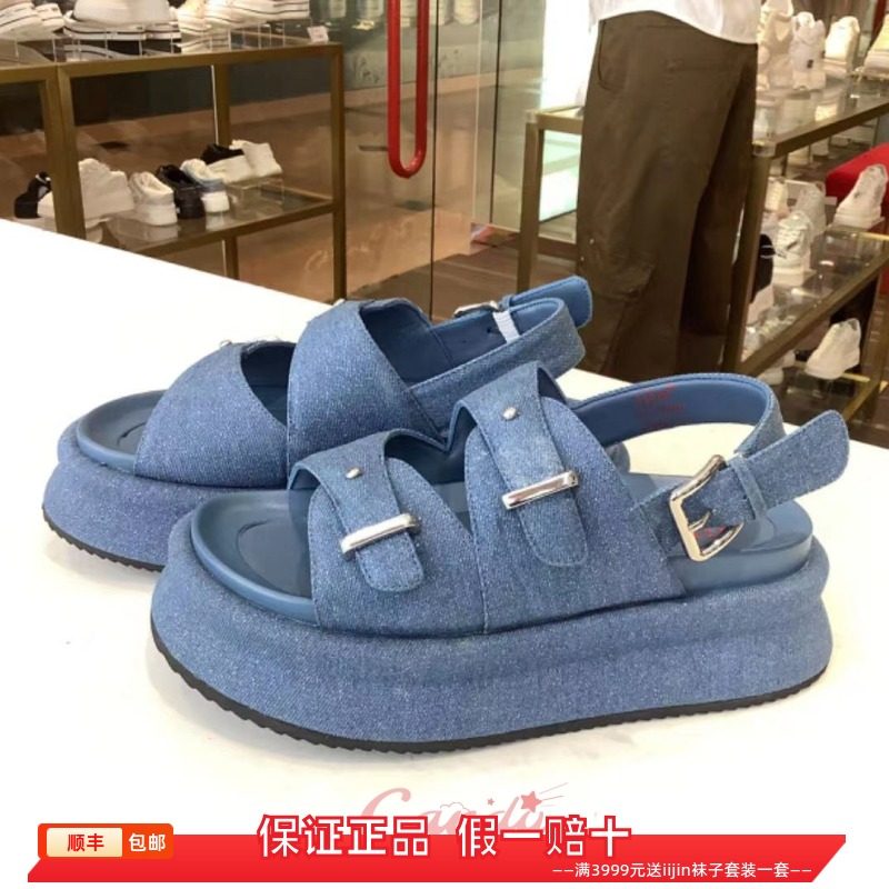 香港代购iijin艾今正品2025超轻牛仔帆布搭扣厚底增高7cm露趾凉鞋
