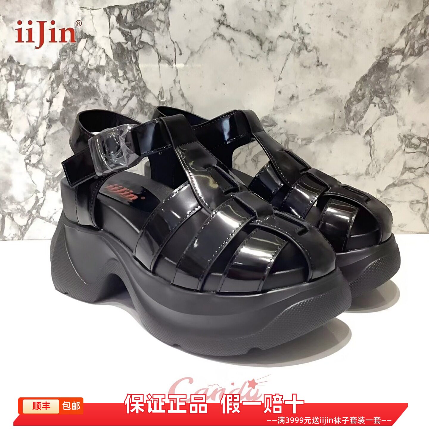 香港代购iijin艾今正品超轻真皮透气9.5cm厚底松糕罗马凉鞋猪笼鞋