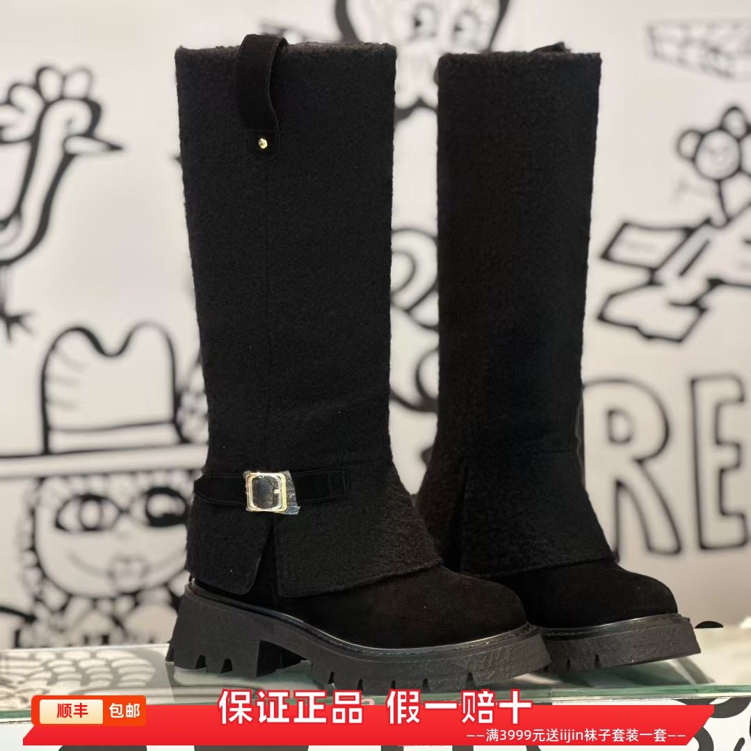 香港代购iijin艾今正品2025超轻毛绒搭扣内增高9.5cm厚底长筒靴女