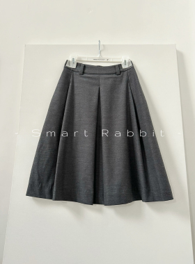 Smart Rabbit 烟灰色羊毛混纺百褶A型半裙叠搭同面料西裤时尚百搭