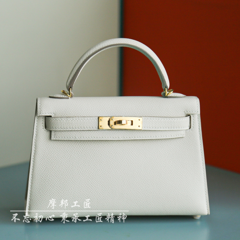 摩邦手工定制女包mini迷你凯莉包二代手掌纹epsom小牛皮 奶昔白