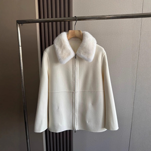 26春秋冬季新款lp拉链双面山羊绒水貂毛领大衣短款羊毛皮草外套女