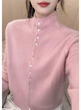 甜美多扣加厚半高领毛衣女打底衫外套秋冬新款秋冬季内搭针织开衫