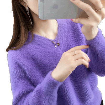 水貂绒毛衣女短款v领洋气内搭潮