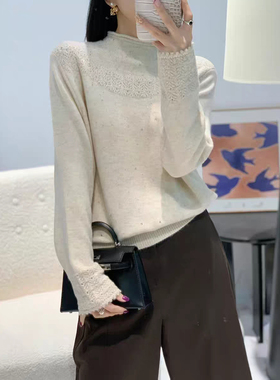 半高领钩花镂空烫钻针织打底衫女秋冬季新款羊毛百搭毛衣内搭上衣