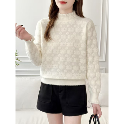 半高领毛衣女蕾丝钉珠针织打底衫