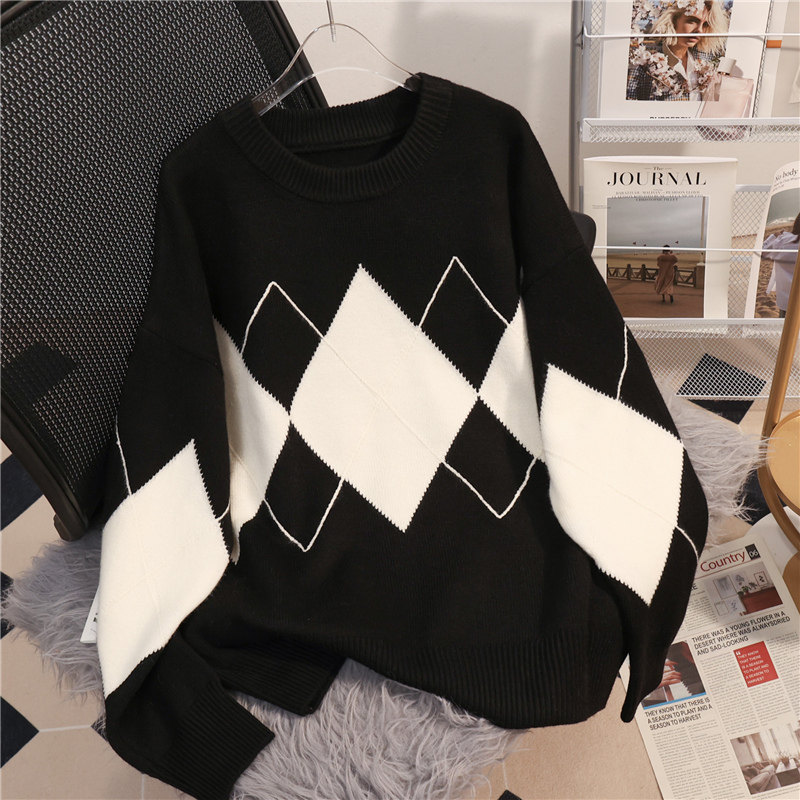 圆领菱形套头通勤针织衫