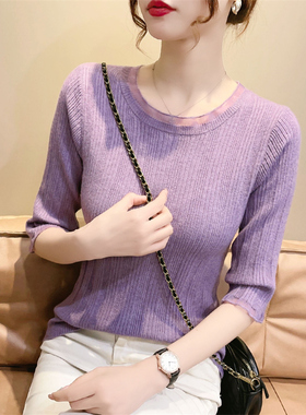 蕾丝圆领打底衫上衣2025年春夏季新款软糯显瘦中袖薄款针织衫女装