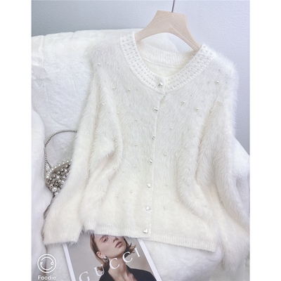 圆领慵懒风长毛针织钉珠毛衣开衫
