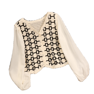 2024夏新款甜美雪纺袖民族风短款上衣薄款V领镂空钩花针织开衫女