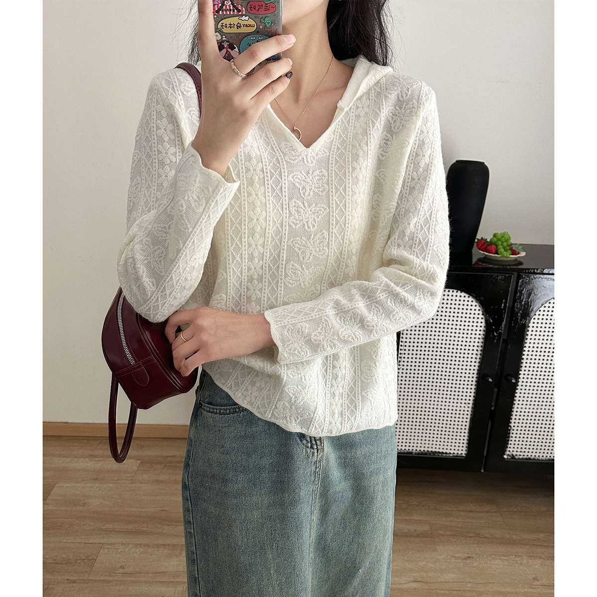 连帽蕾丝提花针织女套头连帽上衣