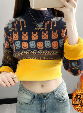 2025年新款加绒加厚高领毛衣女冬宽松打底衫卡通学生洋气慵懒上衣