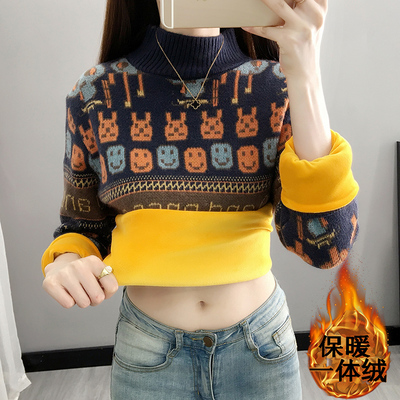 2025年新款加绒加厚高领毛衣女冬宽松打底衫卡通学生洋气慵懒上衣
